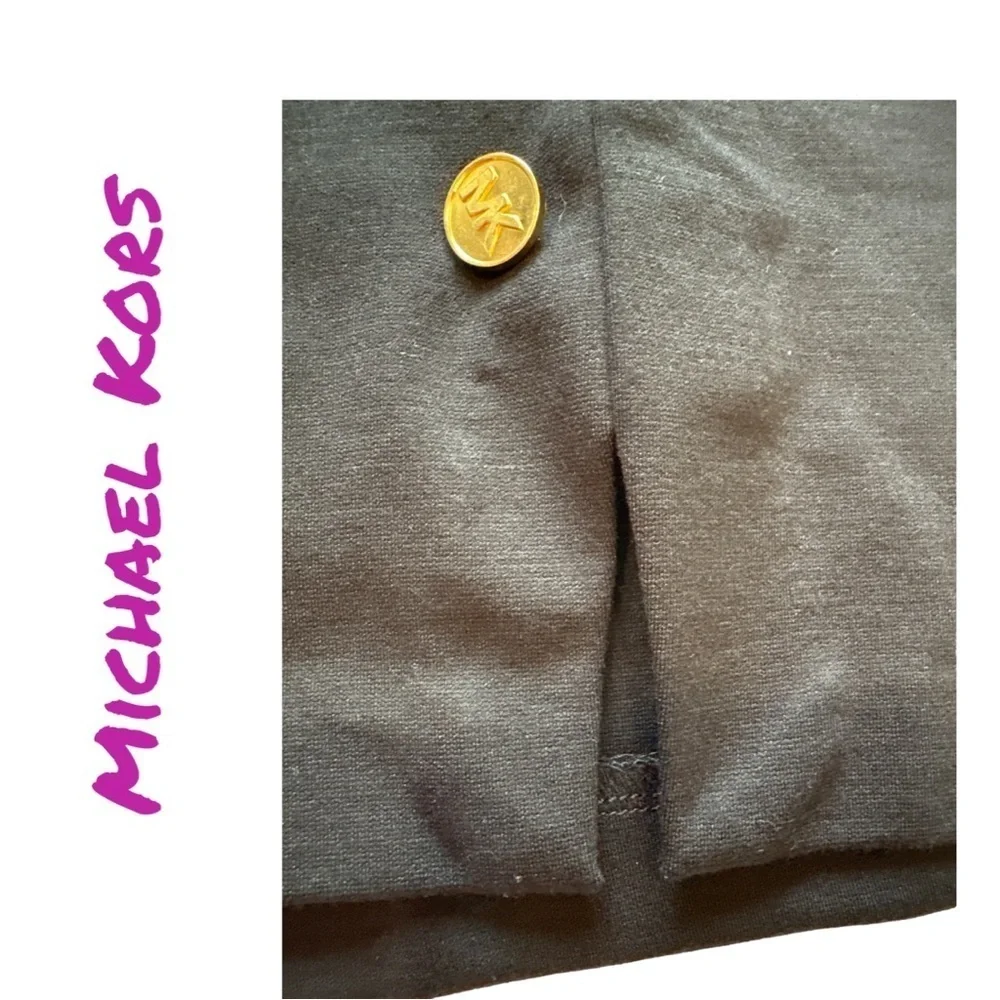 MICHAEL KORS Women's Black Skirt with Front Slit and Gold MK Buttons.